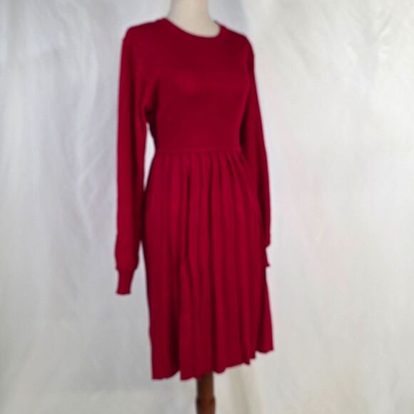 Long Sleeve Ribbed Knit Crew Neck Pleated Sweater Dresses Size Large - Picture 2 of 9